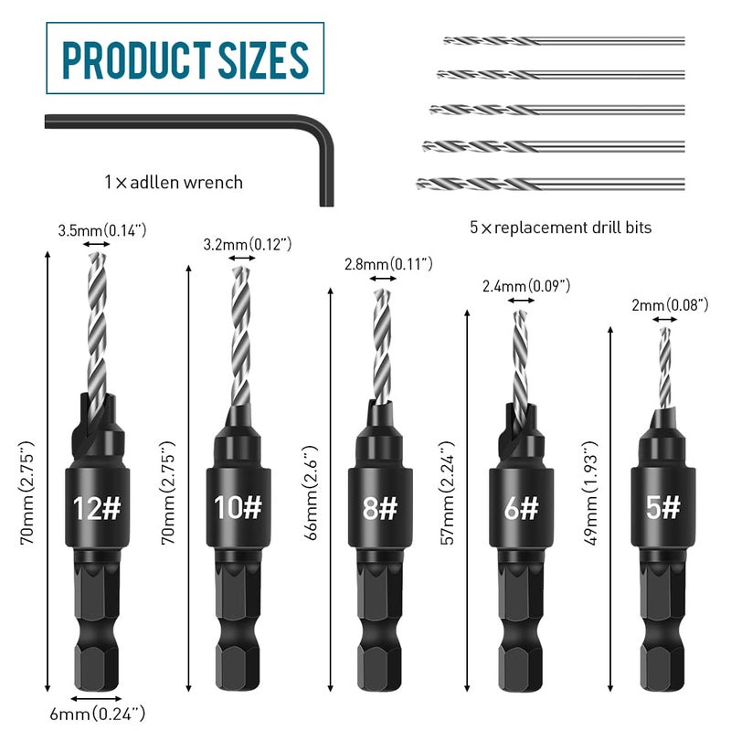 shengbenhao Countersink Drill Bit Set for Wood  3 in 1 Woodworking Countersink Counterbore Drill Bit Set with Adjustable Depth Stop  #5  #6  #8  #10  #12  82-Degree Chamfer  1/4"" Hex Shank Quick Change - Image 5